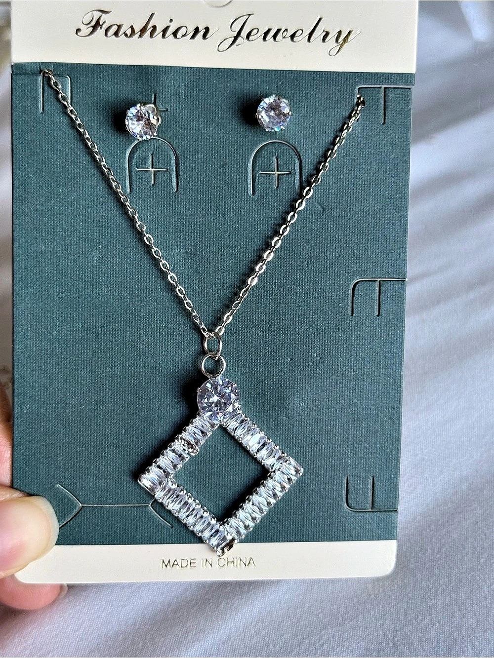 Rhinestone Pendant Necklace & Earrings in Silver NWT